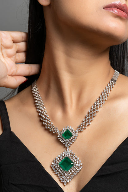 Designer Green Doublet American Diamond Sterling Silver Necklace