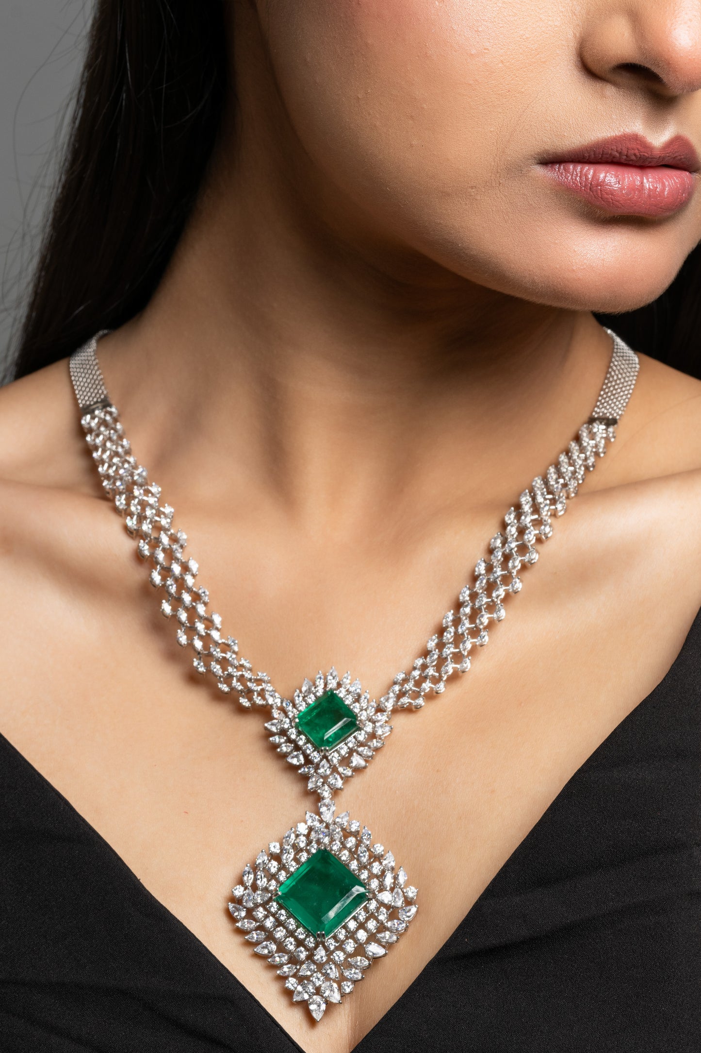 Designer Green Doublet American Diamond Sterling Silver Necklace