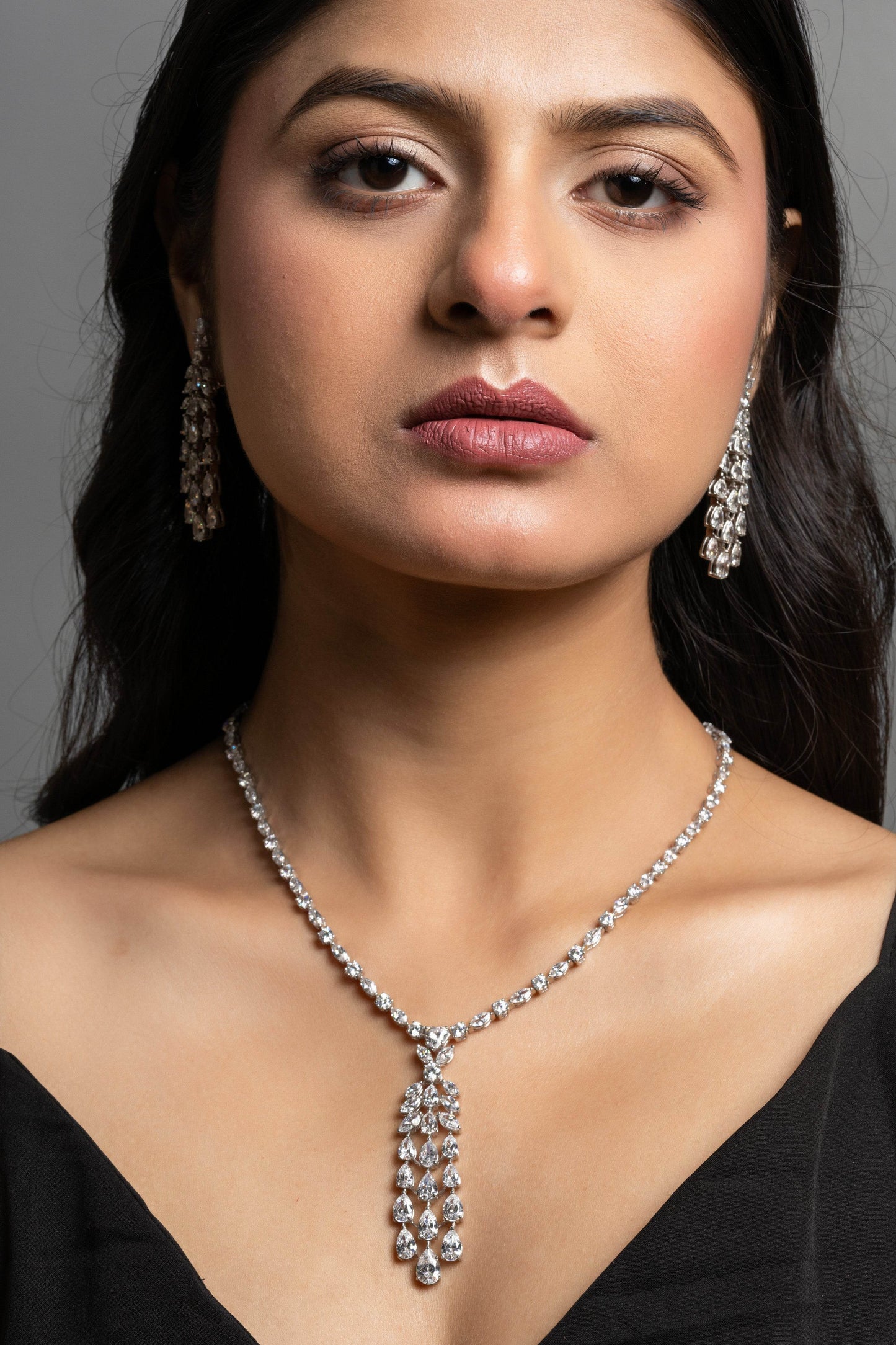 American Diamond Sterling Silver Necklace & Earrings Set - Lookandadorn.com