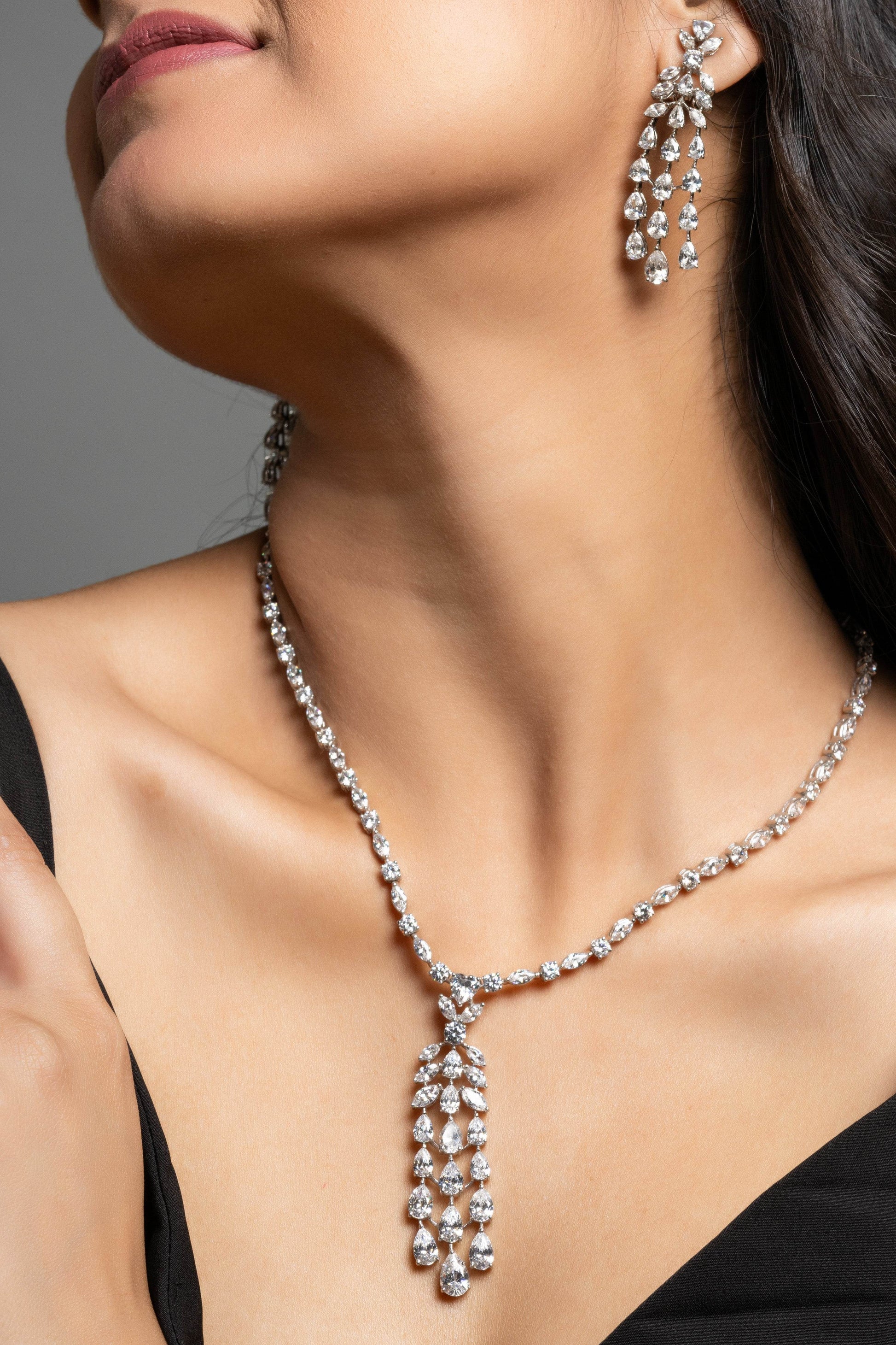 American Diamond Sterling Silver Necklace & Earrings Set - Lookandadorn.com