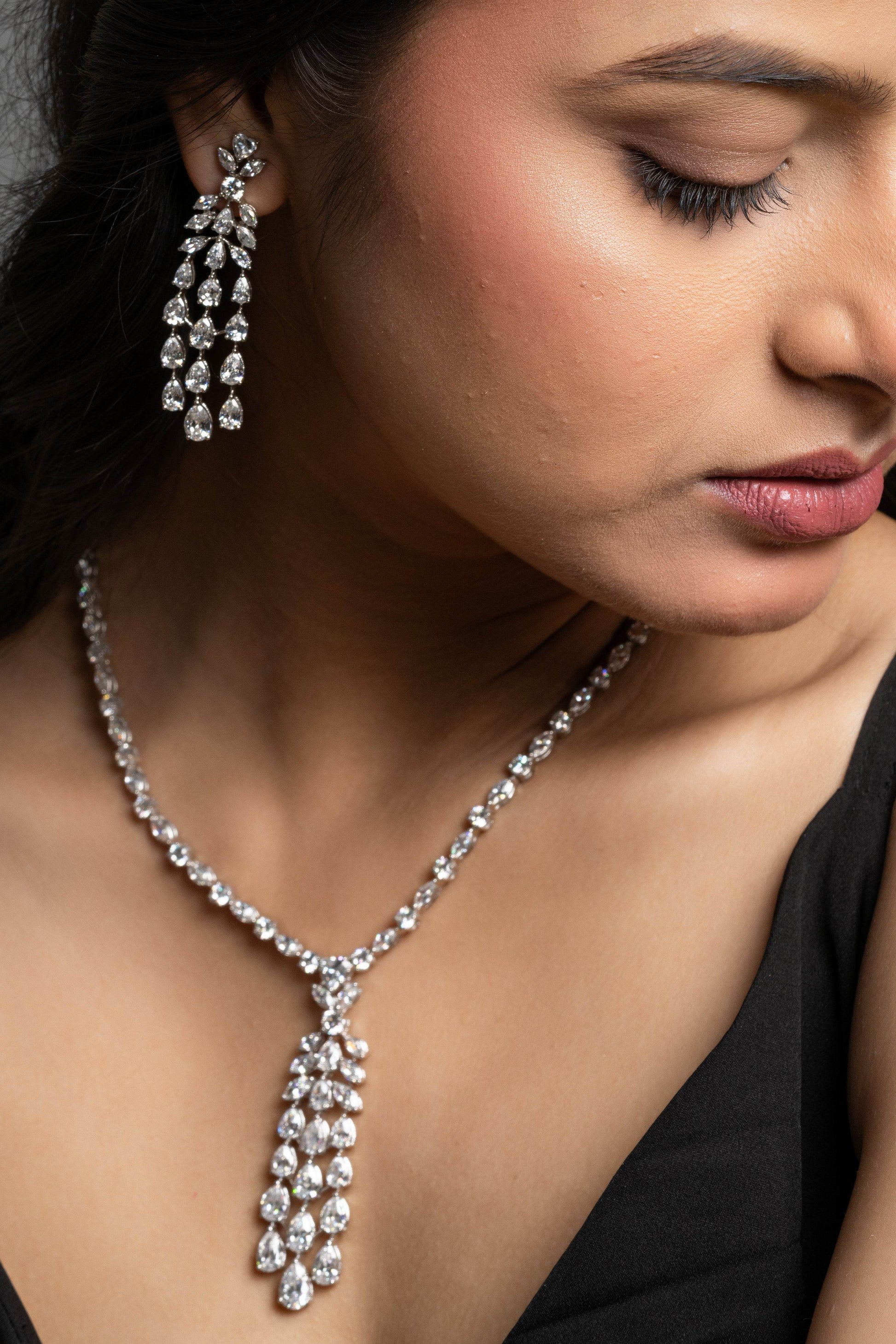 American Diamond Sterling Silver Necklace & Earrings Set - Lookandadorn.com