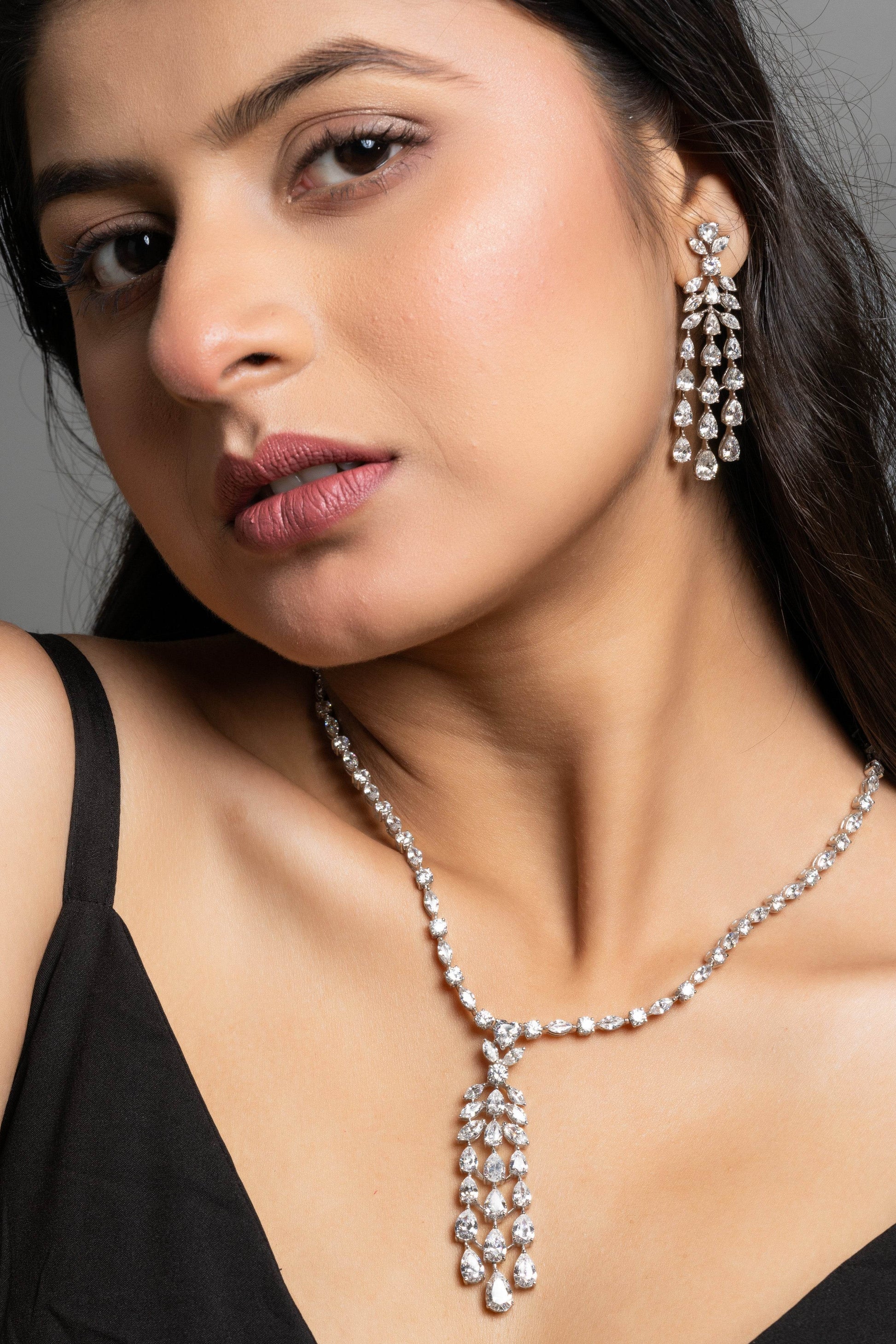 American Diamond Sterling Silver Necklace & Earrings Set - Lookandadorn.com