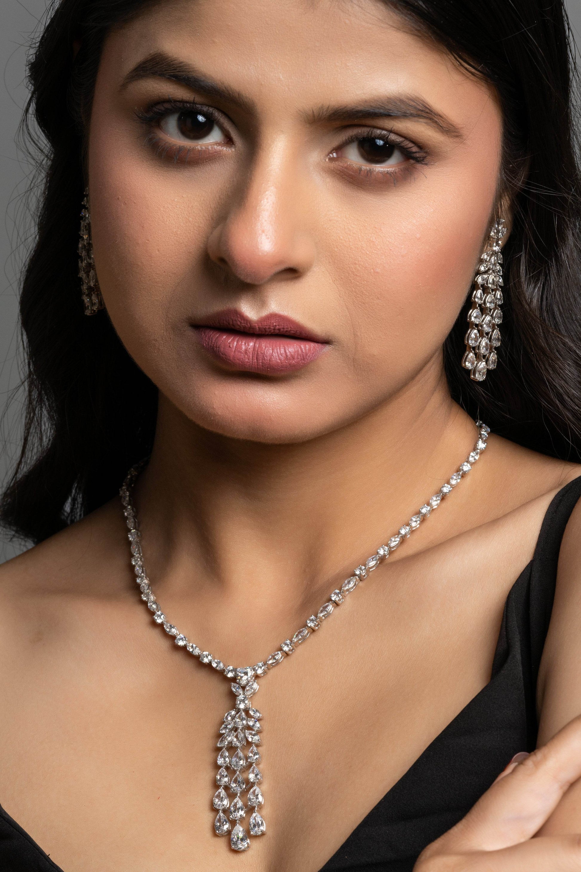 American Diamond Sterling Silver Necklace & Earrings Set - Lookandadorn.com