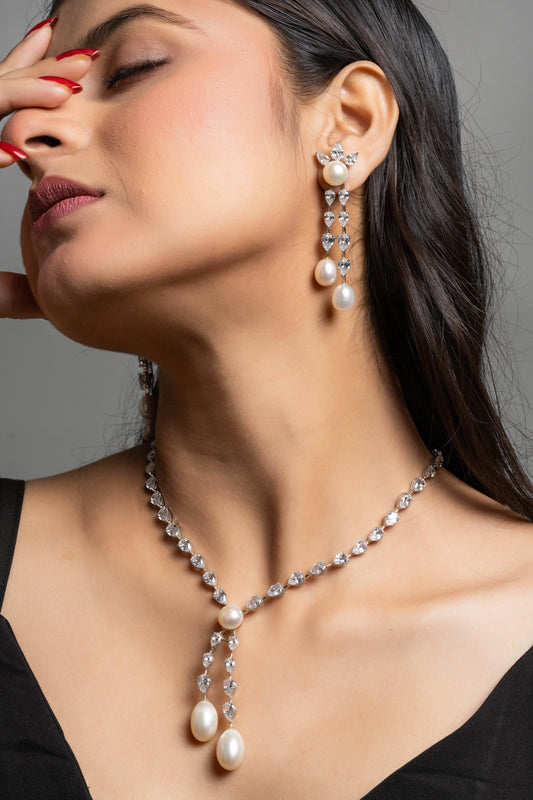 American Diamond with Pearl Drop Sterling Silver Necklace & Earrings Set - Lookandadorn.com