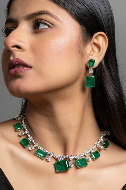 Green Doublet American Diamond Sterling Silver Necklace & Earrings Set - Lookandadorn.com