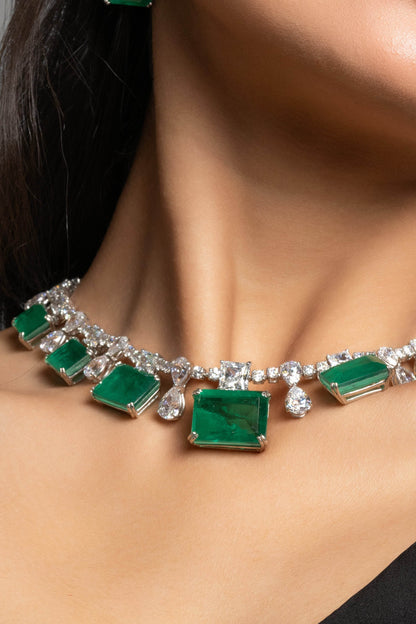 Green Doublet American Diamond Sterling Silver Necklace & Earrings Set - Lookandadorn.com