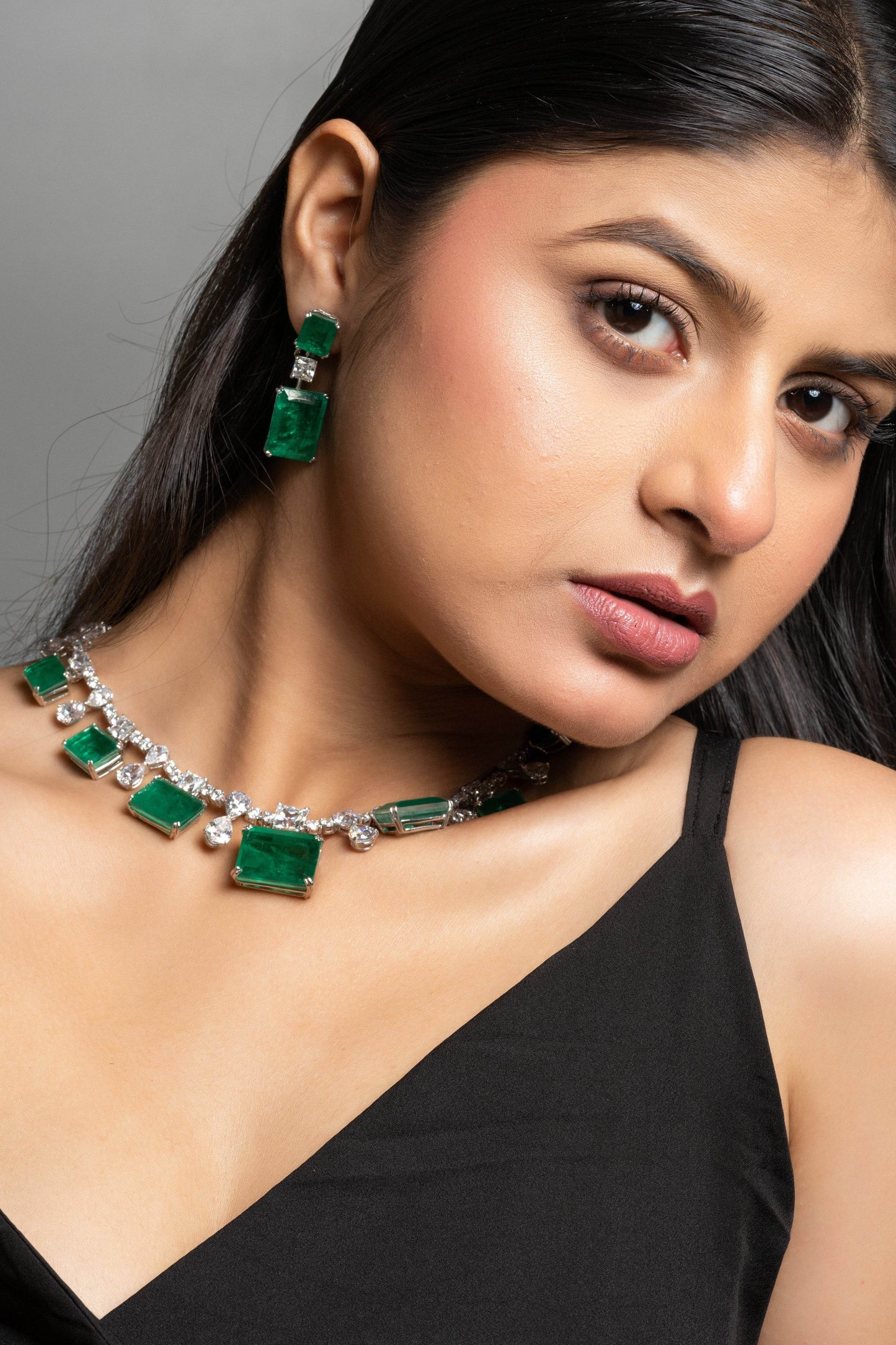 Green Doublet American Diamond Sterling Silver Necklace & Earrings Set - Lookandadorn.com