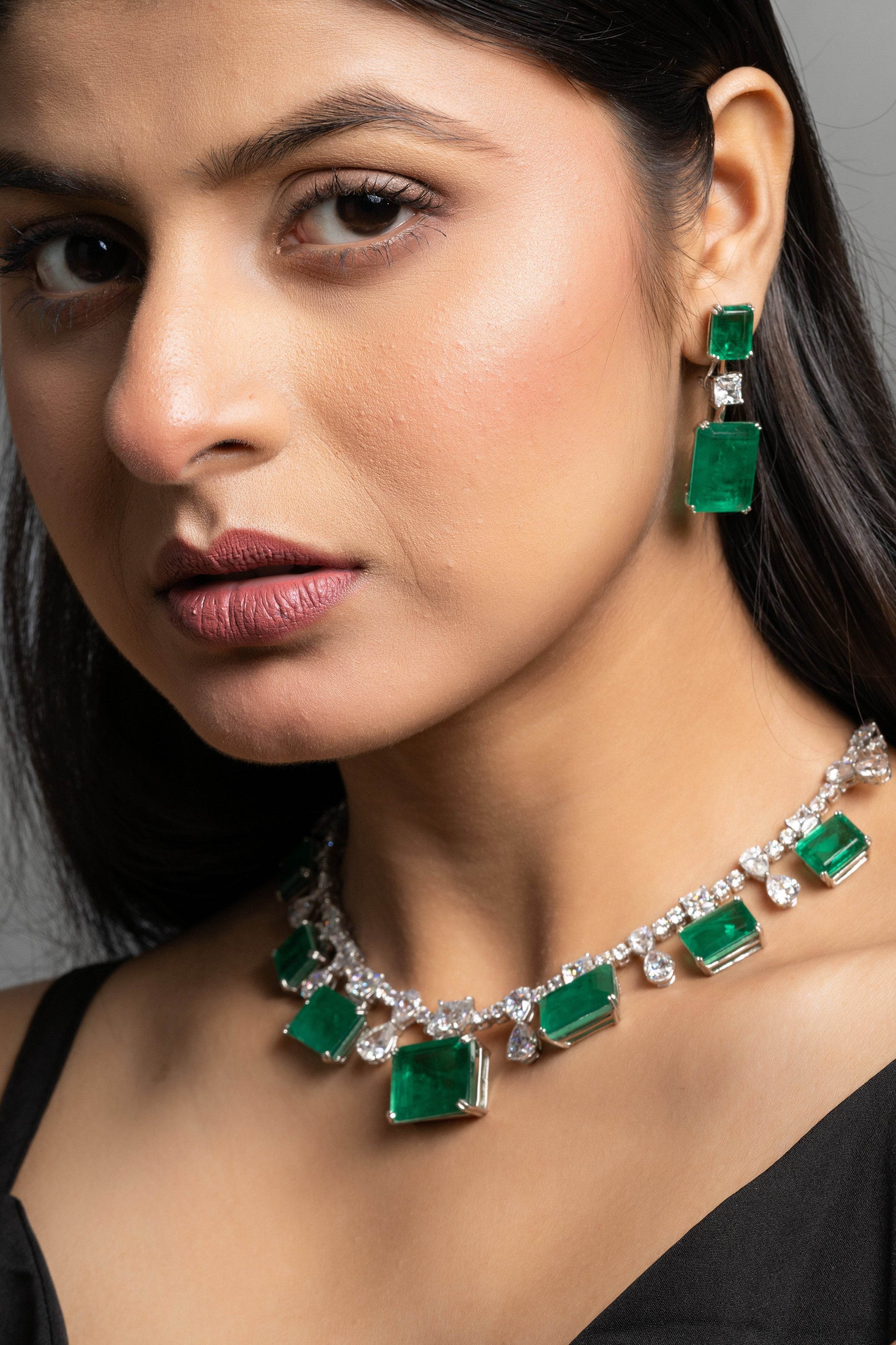 Green Doublet American Diamond Sterling Silver Necklace & Earrings Set - Lookandadorn.com