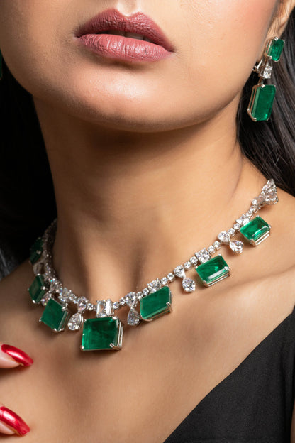 Green Doublet American Diamond Sterling Silver Necklace & Earrings Set - Lookandadorn.com