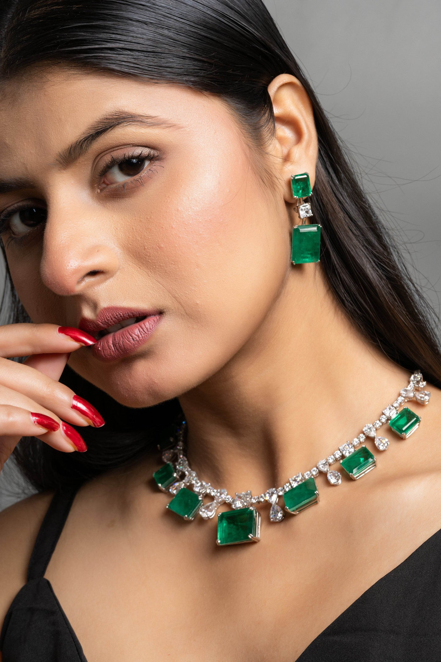 Green Doublet American Diamond Sterling Silver Necklace & Earrings Set - Lookandadorn.com