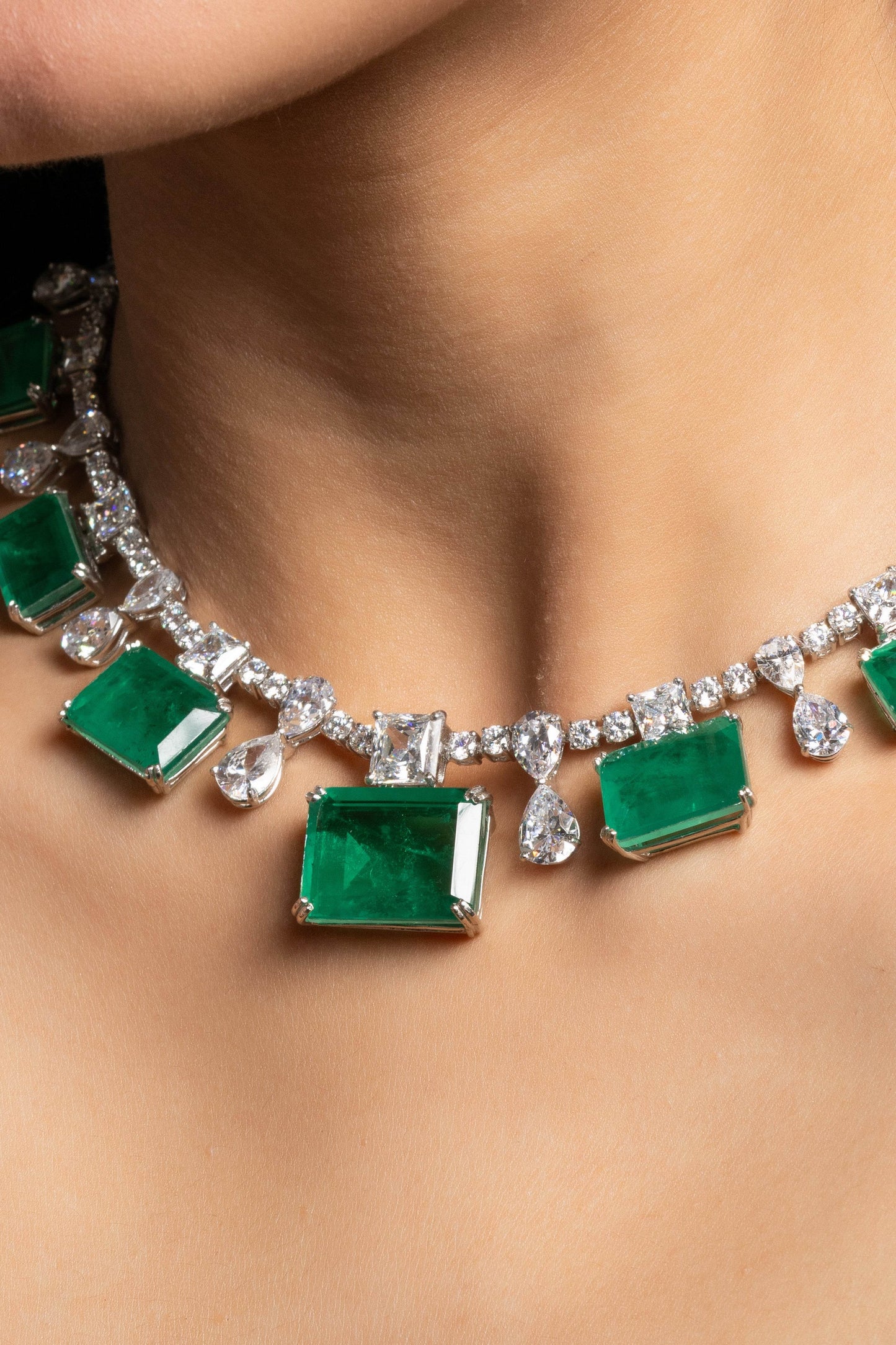 Green Doublet American Diamond Sterling Silver Necklace & Earrings Set - Lookandadorn.com