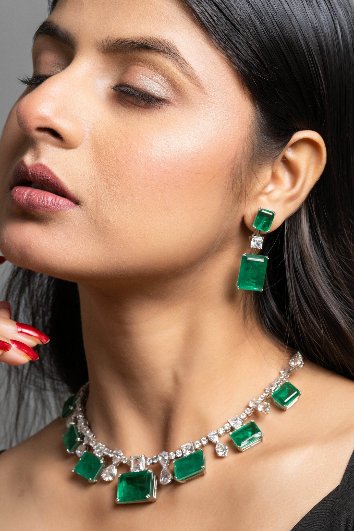 Green Doublet American Diamond Sterling Silver Necklace & Earrings Set - Lookandadorn.com