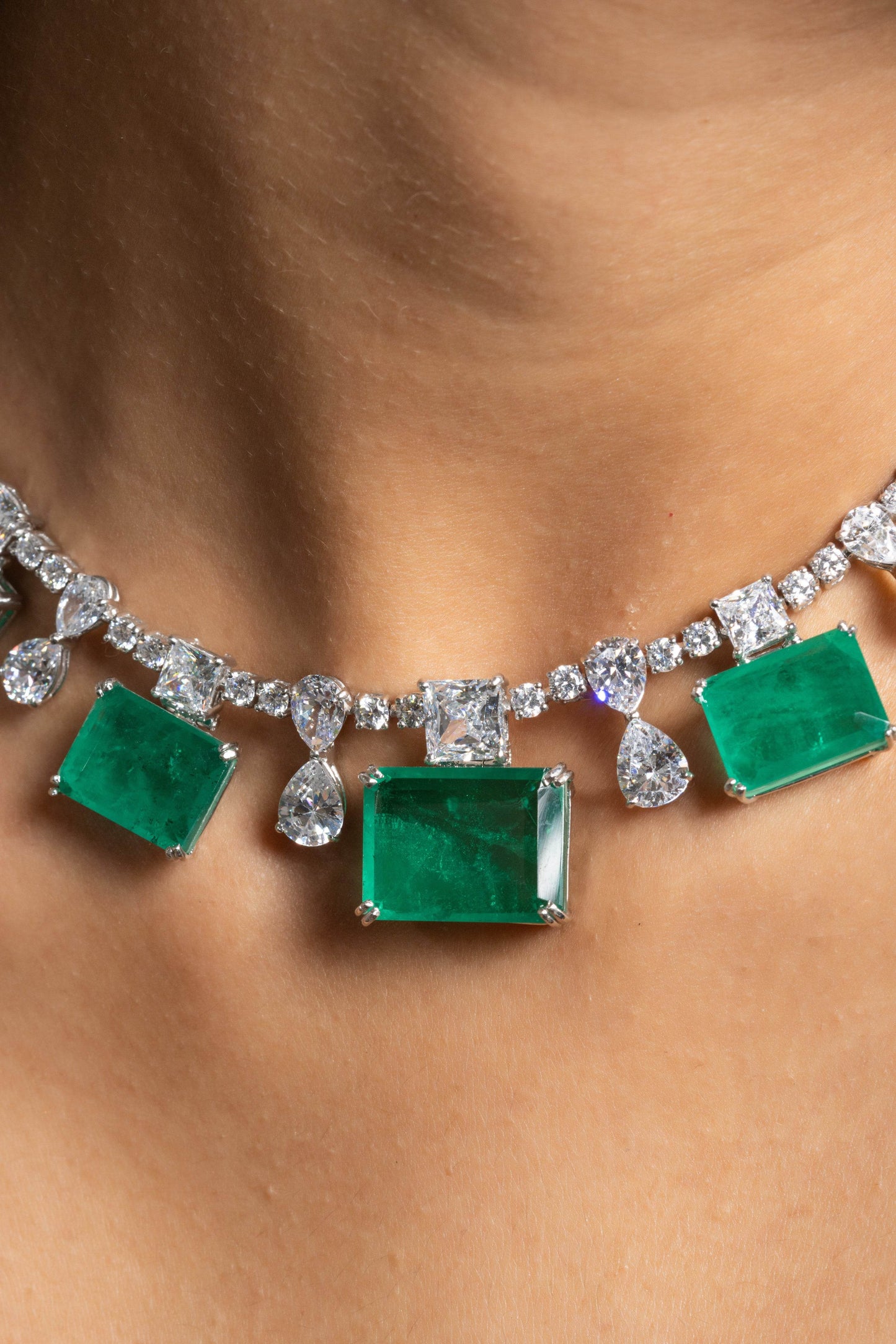 Green Doublet American Diamond Sterling Silver Necklace & Earrings Set - Lookandadorn.com