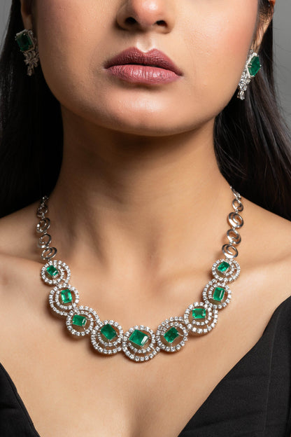 Green Doublet American Diamond Sterling Silver Necklace & Earrings Set - Lookandadorn.com