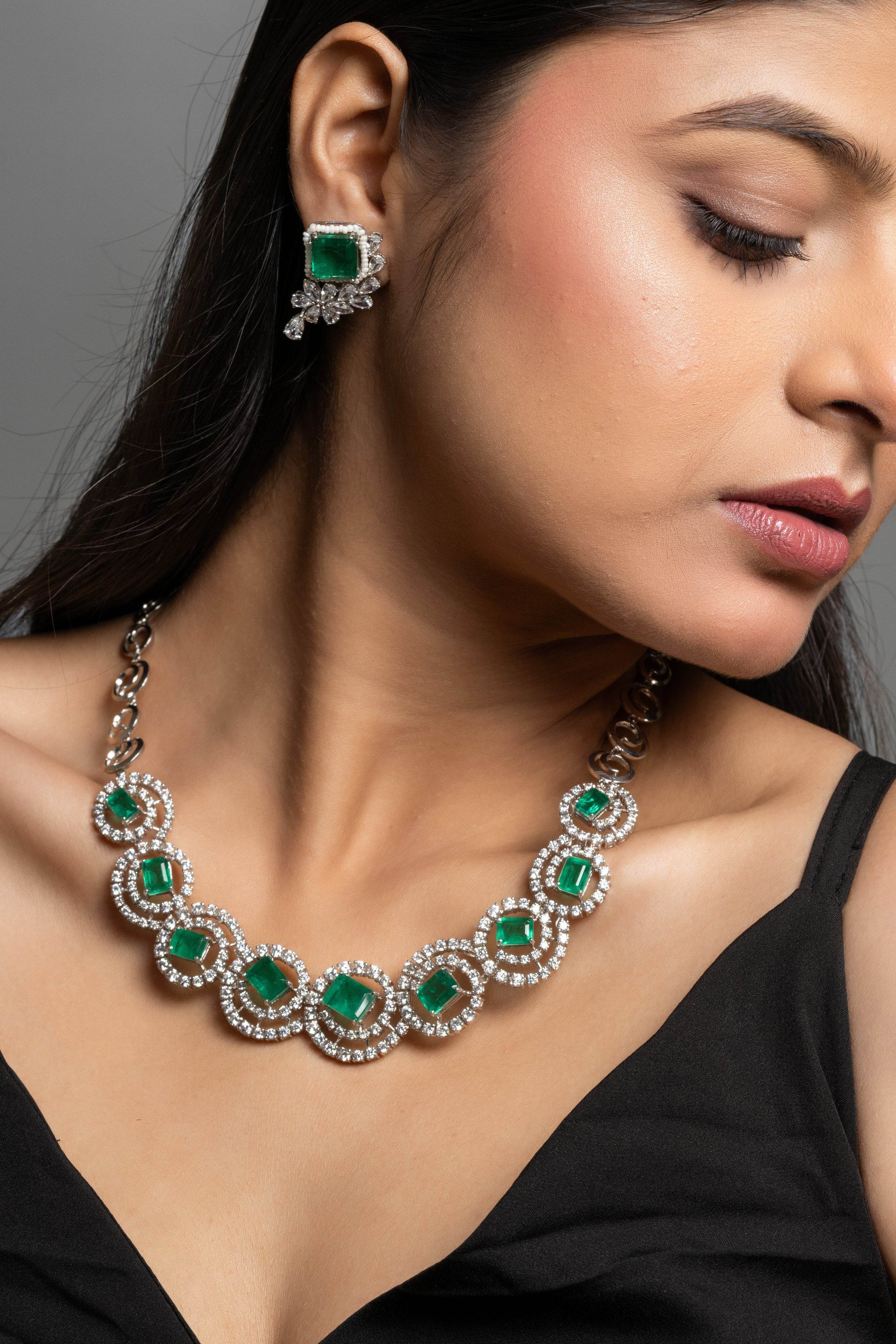 Green Doublet American Diamond Sterling Silver Necklace & Earrings Set - Lookandadorn.com