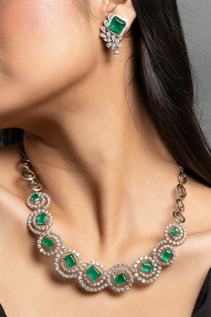 Green Doublet American Diamond Sterling Silver Necklace & Earrings Set - Lookandadorn.com