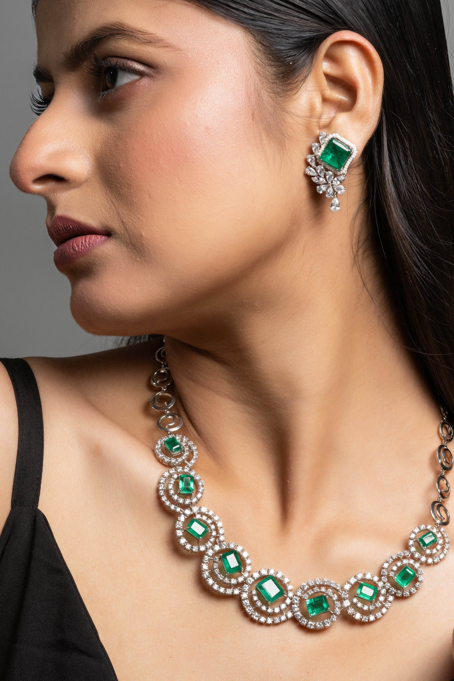 Green Doublet American Diamond Sterling Silver Necklace & Earrings Set - Lookandadorn.com