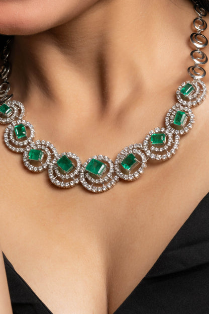 Green Doublet American Diamond Sterling Silver Necklace & Earrings Set - Lookandadorn.com