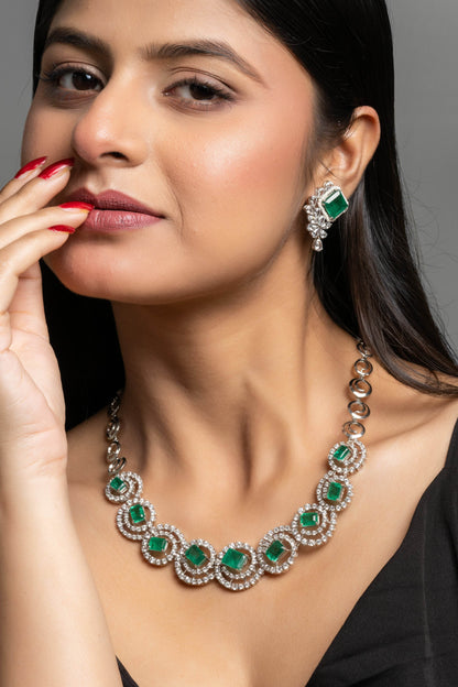 Green Doublet American Diamond Sterling Silver Necklace & Earrings Set - Lookandadorn.com