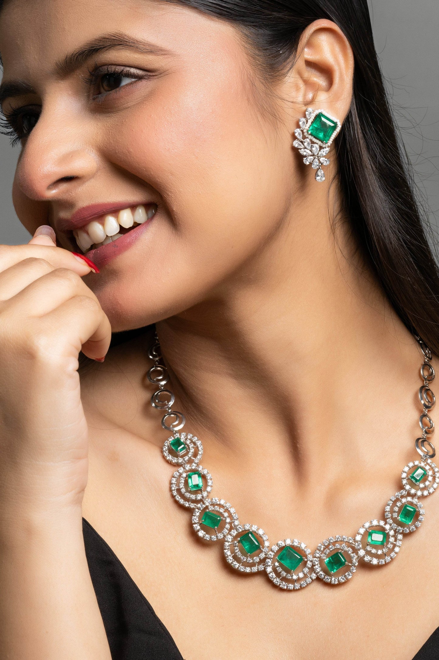 Green Doublet American Diamond Sterling Silver Necklace & Earrings Set - Lookandadorn.com