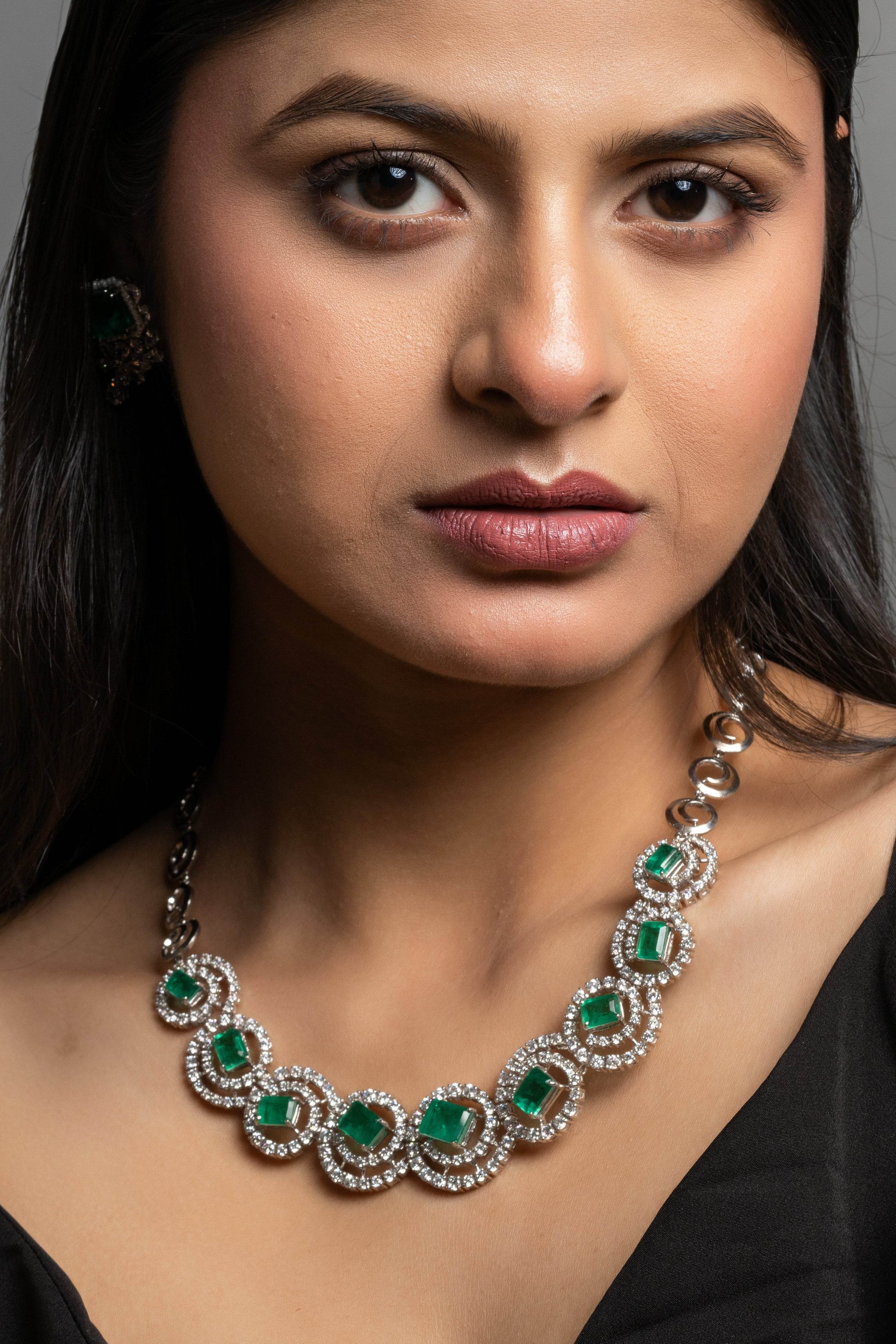 Green Doublet American Diamond Sterling Silver Necklace & Earrings Set - Lookandadorn.com