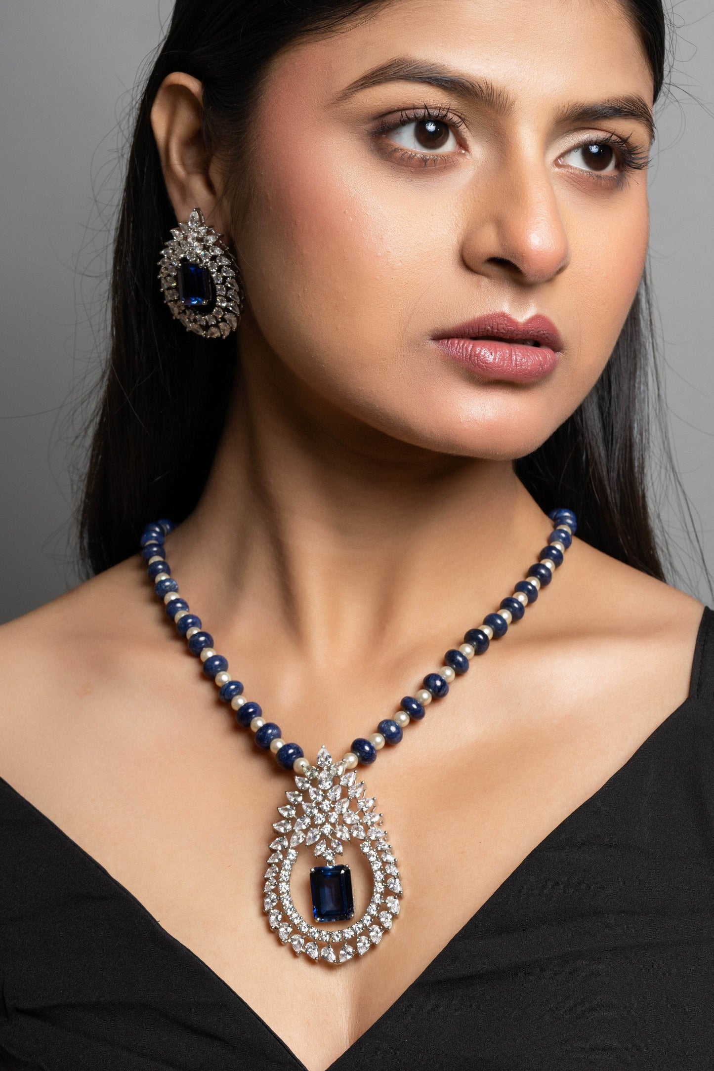 Designer Blue Hydro American Diamond Sterling Silver Necklace Set - Lookandadorn.com