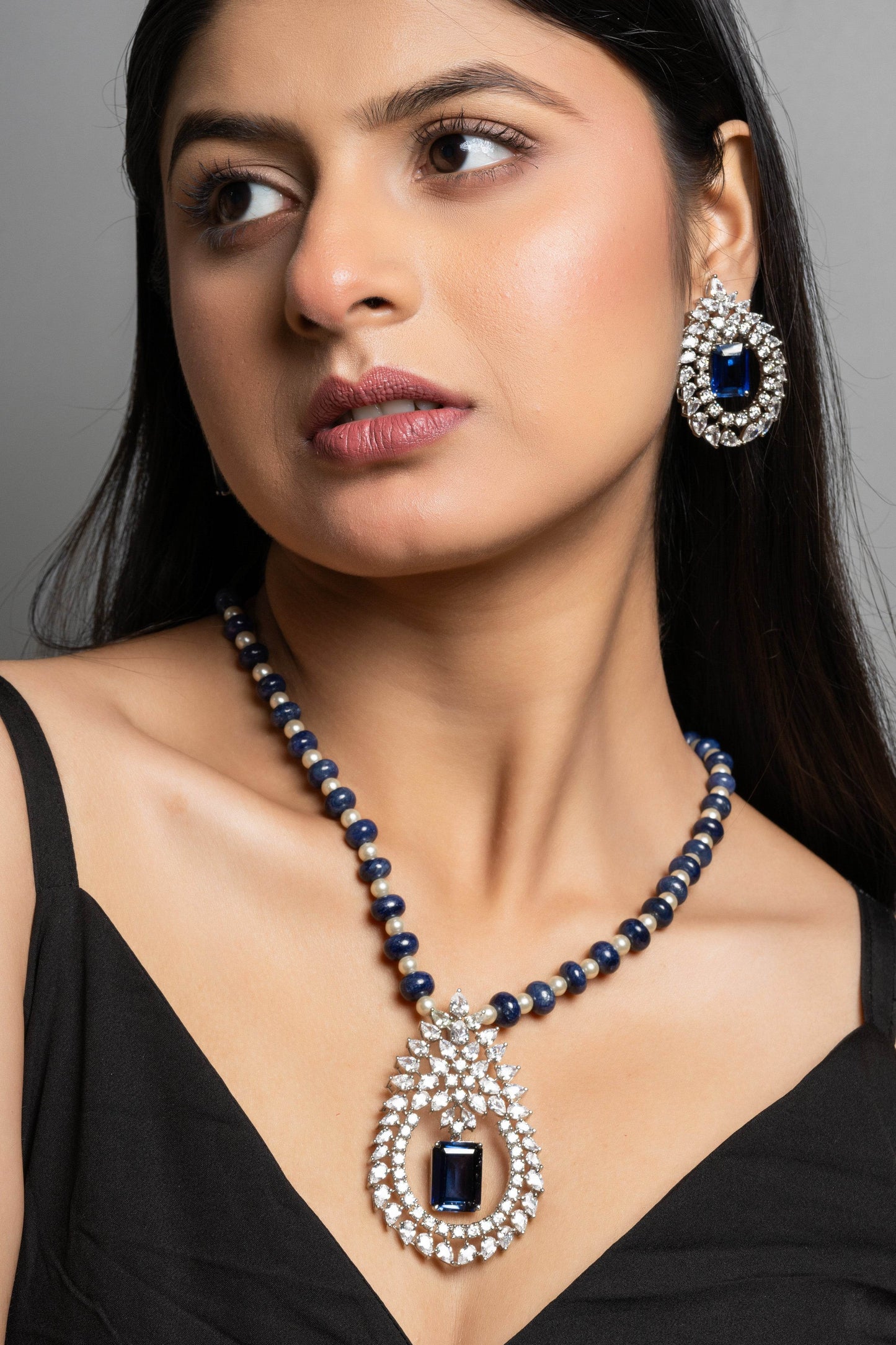 Designer Blue Hydro American Diamond Sterling Silver Necklace Set - Lookandadorn.com