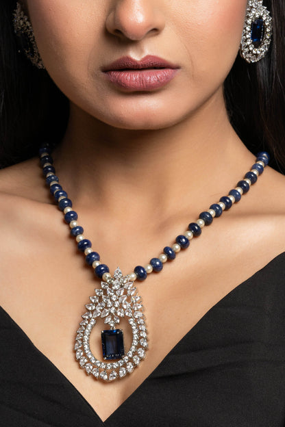 Designer Blue Hydro American Diamond Sterling Silver Necklace Set - Lookandadorn.com