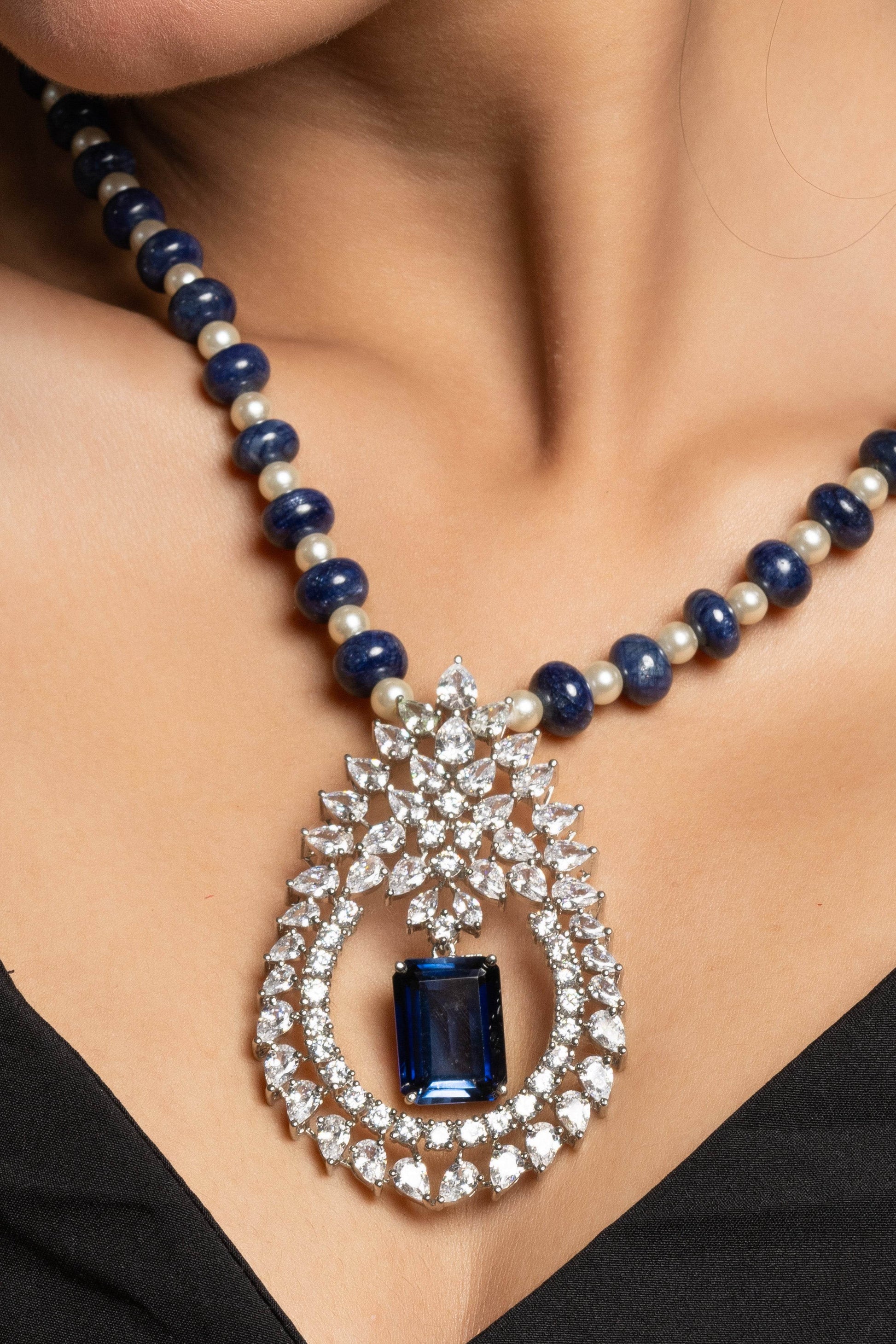 Designer Blue Hydro American Diamond Sterling Silver Necklace Set - Lookandadorn.com