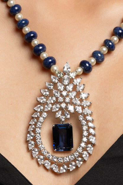 Designer Blue Hydro American Diamond Sterling Silver Necklace Set - Lookandadorn.com