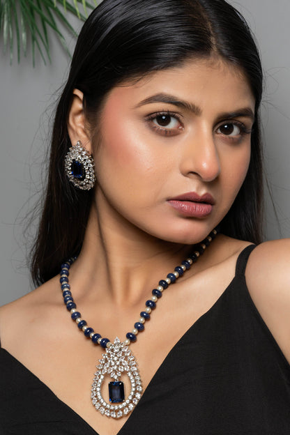 Designer Blue Hydro American Diamond Sterling Silver Necklace Set - Lookandadorn.com