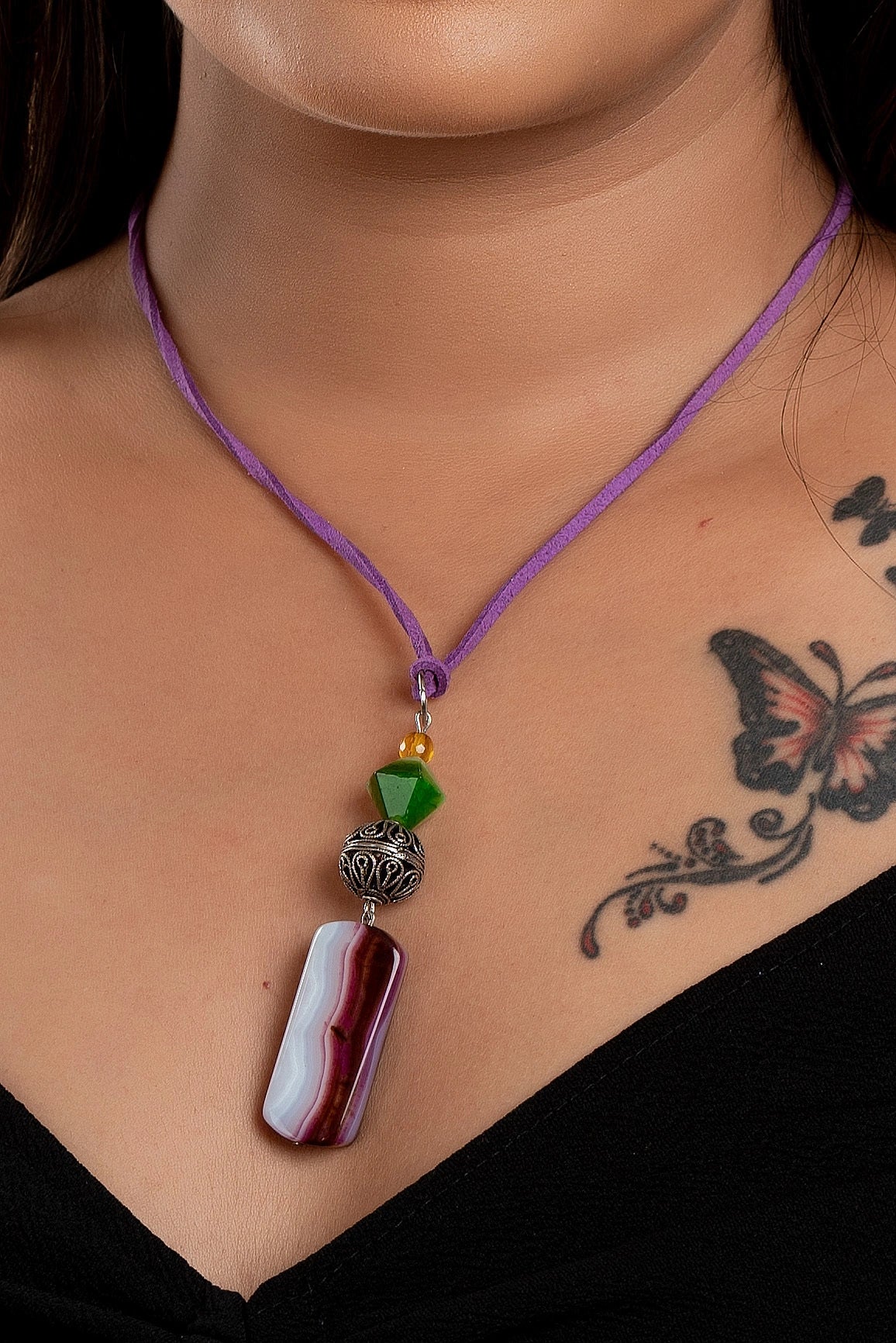 designer-german-silver-filigree-semi-precious-stones-agate-onyx-sleek-neckpiece-strung-with-purple-adjustable-suede-cord